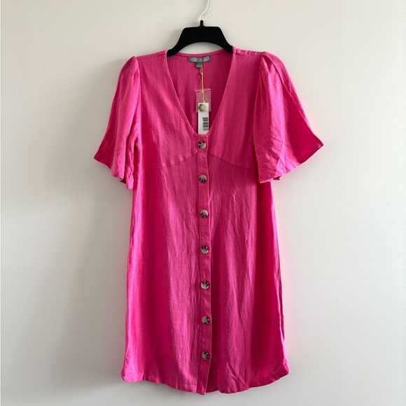 Good Luck Gem Dresses & Skirts - Good Luck Gem Dress Mini Pink Linen Button Flutter Sleeve Womens S Boho NWT